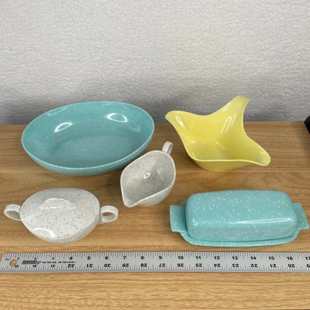 Vintage MCM Melamine Confetti Serving Set Turquoise Yellow White 5pc Speckled